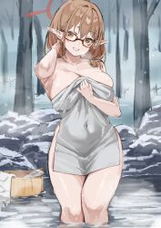 Rule 34 | 1girl, adjusting clothes, blue archive, breasts, brown hair, chinatsu (blue archive), covered navel, glasses, grin, hair between eyes, halo, highres, large breasts, long hair, looking at viewer, mr.zhuo, naked towel, onsen, pointy ears, smile, snow, solo, towel, tree, wading, water, yellow eyes