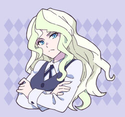 Rule 34 | 1girl, argyle, argyle background, argyle clothes, blue eyes, blue necktie, blue vest, bolo tie, breasts, closed mouth, collared shirt, cropped torso, crossed arms, diana cavendish, flipped hair, frown, light green hair, little witch academia, long hair, long sleeves, looking at viewer, necktie, parted bangs, purple background, rioco, shirt, sidelocks, simple background, small breasts, solo, upper body, vest, wavy hair, white shirt
