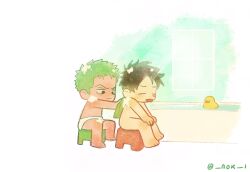Rule 34 | 2boys, bathing, bathroom, bathtub, black hair, chibi, closed eyes, completely nude, couple, facial scar, full body, green hair, green towel, highres, looking at another, male focus, monkey d. luffy, multiple boys, naked towel, nok (nok 1), nude, on stool, one piece, roronoa zoro, rubber duck, same-sex bathing, scar, scar on cheek, scar on face, shared bathing, short hair, sideburns, sitting, soap, soap bubbles, tongue, tongue out, towel, washing, washing another, washing back, water, white towel, window, yaoi