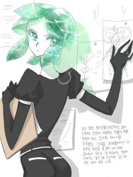 Rule 34 | 1other, androgynous, ass, bad id, bad pixiv id, clipboard, colored eyelashes, colored skin, crystal hair, easty, elbow gloves, eyes visible through hair, gem uniform (houseki no kuni), gloves, green eyes, green hair, houseki no kuni, looking at viewer, phosphophyllite, short hair, solo, white skin