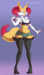Rule 34 | 1girl, animal ears, animal hands, arm up, artist name, bespectacled, bikini, bikini top only, black-framed eyewear, black bikini, blush, book, braixen, breast expansion, breasts, claws, cleavage, covered erect nipples, creatures (company), fangs, feet, female focus, flatcoat, fox ears, fox tail, full body, furry, furry female, game freak, gen 6 pokemon, glasses, gradient background, green shorts, large breasts, legs apart, looking down, magic, navel, nintendo, open mouth, pokemon, pokemon (creature), pokemon xy, purple background, red eyes, short shorts, shorts, simple background, smile, solo, standing, swimsuit, tail, teeth, text focus, watermark