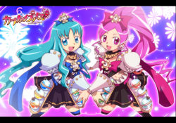 Rule 34 | 2girls, :d, armor, black skirt, black socks, blue bow, blue eyes, blue hair, bow, character request, check character, commentary request, cropped legs, crossover, cure blossom, cure marine, emon-yu, flask, flora (ragnarok online), genetic (ragnarok online), hair bow, hanasaki tsubomi, heartcatch precure!, kneehighs, kurumi erika, letterboxed, living clothes, long hair, looking at viewer, multiple girls, navel, open mouth, parody, pauldrons, pink bow, pink eyes, pink hair, precure, ragnarok online, round-bottom flask, shoulder armor, skirt, smile, socks, teeth, translation request, vambraces