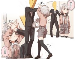 Rule 34 | 1boy, 1girl, black ribbon, black thighhighs, blade catching, blush, braid, braided bangs, brown eyes, cardigan, clapping, closed mouth, comic, failure, formal, grey hair, grey shorts, hair ribbon, hand on another&#039;s head, headpat, hisakawa nagi, idolmaster, idolmaster cinderella girls, jewelry, loafers, long hair, long sleeves, low twintails, necklace, own hands together, p-head producer, pink cardigan, producer (idolmaster), ribbon, shirt, shoes, shorts, sneaking, suit, thighhighs, twintails, white shirt, yukie (kusaka shi)