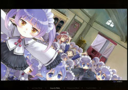 Rule 34 | 3girls, :&lt;, arms up, atelier (series), atelier totori, brown hair, chim (atelier), clone, closed eyes, female focus, happy, kishida mel, letterboxed, multiple girls, official art, pointy ears, purple eyes, purple hair, rororina fryxell, short hair, short twintails, skirt, too many, totooria helmold, twintails, yellow eyes