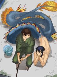 Rule 34 | 2boys, black hair, blue eyes, blue scales, brown hair, bucket, bucket of water, closed mouth, commentary request, fishing, fishing rod, flower, green kimono, ishikirimaru, japanese clothes, jinbei (clothes), kimono, kyou zuki, looking at another, lying, male focus, merman, mikazuki munechika, monster boy, monsterification, multiple boys, on stomach, outdoors, scales, short hair, sitting, smile, touken ranbu, very short hair, yellow eyes