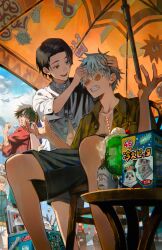 1girl absurdres beach_umbrella black_hair cooler food glasses gojou_satoru highres ice_cream inumaki_toge itadori_yuuji jujutsu_kaisen jujutsu_tech_uniform kyuuba_melo multiple_boys okkotsu_yuuta open_clothes open_shirt pink_hair ryoumen_sukuna_(jujutsu_kaisen) sundae toy umbrella white_hair zen&#039;in_maki