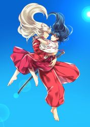Rule 34 | 1boy, 1girl, animal ears, arms around neck, arms around waist, barefoot, black hair, blue eyes, blue sky, carrying, couple, dog ears, face-to-face, falling, hetero, highres, higurashi kagome, hug, inuyasha, inuyasha (character), japanese clothes, jewelry, lens flare, long hair, looking at another, midair, miko, motobi (mtb umk), necklace, orange eyes, pearl necklace, robe, scabbard, sheath, sheathed, silver hair, sky, smile, sun, sword, weapon, wide sleeves