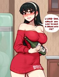Rule 34 | 1girl, :d, alcohol, artist name, bare shoulders, black hair, blush, blushyspicy, bottle, breasts, cleavage, commentary, cowboy shot, dress, earrings, english commentary, english text, hairband, highres, holding, holding bottle, indoors, jewelry, large breasts, long hair, long sleeves, looking at viewer, no legwear, off-shoulder dress, off-shoulder sweater, off shoulder, open mouth, red eyes, red sweater, refrigerator, sidelocks, smile, solo, speech bubble, spy x family, sweater, sweater dress, yor briar