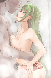 Rule 34 | 1boy, 1girl, after kiss, ahoge, artist request, bad id, bad pixiv id, bar censor, blue eyes, blush, braid, breast press, breasts, censored, completely nude, erection, eye contact, faceless, faceless male, green hair, handjob, height difference, hetero, highres, hug, kantai collection, large breasts, long hair, looking at another, male pubic hair, mixed-sex bathing, mole, mole under mouth, nude, open mouth, penis, pointless censoring, pubic hair, saliva, saliva trail, shared bathing, showering, single braid, steam, tomatojiusu, tongue, tongue out, very long hair, wet, yuugumo (kancolle)