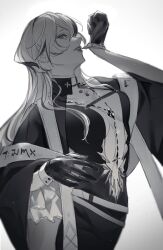 Rule 34 | 1girl, absurdres, belt, collared dress, commentary request, cross, cross necklace, dress, glove in mouth, gloves, greyscale, highres, jewelry, long hair, looking at viewer, monochrome, mouth hold, multicolored hair, necklace, oak casket (path to nowhere), parted lips, path to nowhere, plunging neckline, smile, solo, streaked hair, toho10min, upper body
