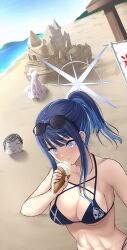 Rule 34 | 1boy, 2girls, angel wings, beach, bikini, black bikini, blue archive, blue eyes, blue hair, blue halo, blush, breasts, cleavage, closed mouth, collarbone, content rating, day, doodle sensei (blue archive), eating, eyewear on head, feathered wings, food, halo, highres, holding, holding food, ice cream, long hair, medium breasts, merxkialis, mika (blue archive), multiple girls, ocean, outdoors, pink hair, ponytail, sand castle, sand sculpture, saori (blue archive), sensei (blue archive), sunglasses, swimsuit, white wings, wings