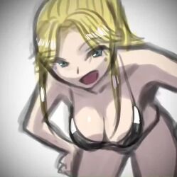 Rule 34 | 1girl, animated, blonde hair, blue eyes, bouncing breasts, breasts, cleavage, hands on own hips, hanging breasts, leaning forward, legs, looking at viewer, lowres, medium breasts, navel, ponytail, rog rockbe, smile, solo, thighs, video