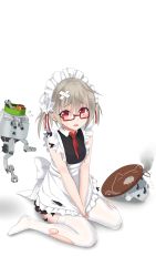 Rule 34 | 1girl, apron, bandages, blush, covering privates, covering crotch, frills, glasses, grey hair, hibiki (warship girls r), highres, looking at viewer, maid, maid apron, maid headdress, necktie, on floor, open mouth, red-framed eyewear, red eyes, sasya, semi-rimless eyewear, short hair, sitting, solo, sweatdrop, thighhighs, torn clothes, torn thighhighs, two side up, under-rim eyewear, v arms, verniy (warship girls r), wariza, warship girls r, white thighhighs, wrench
