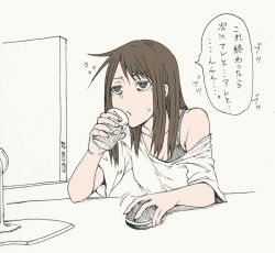 Rule 34 | 1girl, bad id, bad pixiv id, bare shoulders, black eyes, breasts, brown hair, cleavage, collarbone, cup, fingernails, half-closed eyes, hatching (texture), holding, holding cup, hunched over, long hair, minaka shobu, monitor, mouse (computer), original, partially colored, sleepy, solo, speech bubble, sweat, traditional media