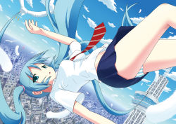 Rule 34 | 1girl, aqua eyes, aqua hair, city, cityscape, cleaver (kaityo13), cloud, day, falling, hatsune miku, highres, long hair, necktie, panties, skirt, sky, solo, striped clothes, striped panties, tokyo skytree, tokyo tower, twintails, underwear, very long hair, vocaloid