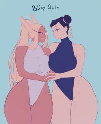 Rule 34 | 2girls, animal ears, artist name, bare shoulders, blue background, blue leotard, boku no hero academia, breast press, breasts, brown eyes, brown hair, capcom, chun-li, commentary, covered abs, covered collarbone, covered navel, curvy, dark-skinned female, dark skin, dotted background, double bun, earrings, english commentary, gabriel carrasquillo, hair bun, happy birthday, highleg, highleg leotard, highres, holding hands, jewelry, large breasts, leotard, long eyelashes, long hair, looking at another, mirko, multiple girls, parted bangs, ponytail, rabbit ears, rabbit girl, red eyes, short hair, sketch, sleeveless turtleneck leotard, smile, street fighter, symmetrical docking, taut leotard, thick thighs, thighs, toned, very long hair, white hair, white leotard, wide hips