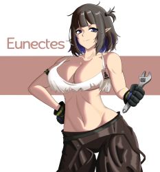 Rule 34 | 1girl, arknights, arm strap, bali, bare arms, bare shoulders, black gloves, black hair, black pants, breasts, camisole, character name, cleavage, collarbone, commentary, cowboy shot, crop top, eunectes (arknights), eunectes (forgemaster) (arknights), gloves, grey eyes, groin, highres, holding, holding wrench, large breasts, looking at viewer, midriff, navel, official alternate costume, one side up, pants, pointy ears, short hair, smile, solo, spaghetti strap, standing, stomach, white background, wrench
