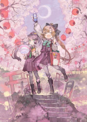 2girls akigumo_(kancolle) bag black_bow boots bow bowtie brown_hair can cherry_blossoms closed_eyes commentary_request cotton_candy eclipse fang food grey_pantyhose hair_bow highres holding holding_can holding_food kantai_collection kazagumo_(kancolle) konno_takashi lantern long_hair long_sleeves lunar_eclipse market_stall moon multiple_girls open_mouth outdoors pantyhose ponytail purple_hair shirt sidelocks skin_fang stairs standing suitcase torii tree very_long_hair white_shirt