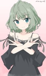 Rule 34 | 1girl, absurdres, bare shoulders, black dress, blue eyes, blush, breasts, cleavage, closed mouth, collarbone, cynical (llcbluckg c004), dot nose, dress, gradient background, green eyes, green hair, hands up, heterochromia, highres, idolmaster, idolmaster cinderella girls, idolmaster cinderella girls starlight stage, looking at viewer, medium breasts, mole, mole under eye, off-shoulder dress, off shoulder, pink background, short hair, short sleeves, smile, solo, standing, takagaki kaede, twitter username, upper body