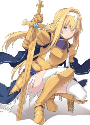 Rule 34 | 1girl, alice zuberg, armor, armored boots, blonde hair, blue dress, blue eyes, blush, boots, dress, gauntlets, gold armor, hairband, holding, holding sword, holding weapon, long hair, looking at viewer, planted, planted sword, planted weapon, shiseki hirame, simple background, solo, squatting, sword, sword art online, thighhighs, thighs, torn clothes, torn dress, weapon, white background, white hairband, white thighhighs