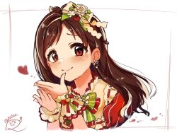 Rule 34 | 1girl, blouse, blowing kiss, blush, brown eyes, brown hair, character request, commentary, dress, earrings, flower, frilled dress, frilled shirt, frills, hair flower, hair ornament, heart, highres, idolmaster, idolmaster cinderella girls, jewelry, long hair, looking at viewer, mmmakaron888, puffy short sleeves, puffy sleeves, red shirt, shirt, short sleeves, shy, signature, simple background, smile, tsujino akari, upper body, white shirt