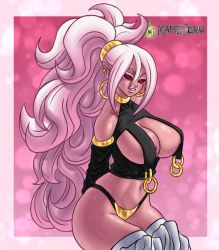 Rule 34 | 1girl, android 21, black sclera, breasts, colored sclera, colored skin, dark persona, dragon ball, dragon ball fighterz, earrings, female focus, hoop earrings, jewelry, kameseru, large breasts, long hair, looking at viewer, majin android 21, monster girl, navel, nipples, pink skin, pointy ears, ponytail, red eyes, revealing clothes, solo, tail, thick thighs, thighs, very long hair, white hair
