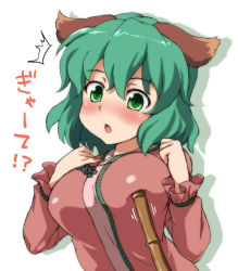 Rule 34 | 1girl, animal ears, bamboo, blush, breast poke, breasts squeezed together, breasts, dress, fang, female focus, green eyes, green hair, hands on own chest, kasodani kyouko, large breasts, matching hair/eyes, open mouth, pink dress, poking, sama samasa, solo, text focus, touhou, translated, upper body