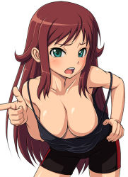 Rule 34 | 1girl, accidental exposure, akana rui, aqua eyes, bent over, bike shorts, blush, breasts, camisole, chousoku henkei gyrozetter, cleavage, downblouse, hand on own hip, hanging breasts, kasanui, large breasts, leaning forward, long hair, looking at viewer, no bra, off shoulder, open mouth, pointing, red hair, shiny skin, simple background, solo, standing, white background