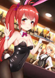 Rule 34 | 2girls, ;), alcohol, alternate breast size, animal ears, azur lane, bailey (azur lane), bare shoulders, benson (azur lane), black legwear, black vest, blonde hair, blurry, blurry background, blush, breasts, brown eyes, ceiling light, cleavage, closed mouth, collar, collarbone, commentary request, covered navel, cup, depth of field, detached collar, detached sleeves, drink, drinking glass, fake animal ears, fang, fang out, hand on own hip, hand up, heart, heart-shaped pupils, highres, holding, holding tray, indoors, lenxiao, leotard, long hair, long sleeves, low twintails, medium breasts, multiple girls, one eye closed, pantyhose, playboy bunny, rabbit ears, rabbit tail, red eyes, red hair, shirt, side ponytail, smile, strapless, strapless leotard, symbol-shaped pupils, tail, tray, twintails, very long hair, vest, white collar, white shirt, wine glass, wrist cuffs