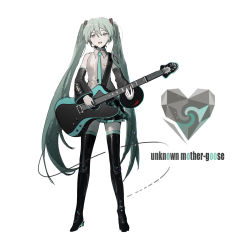Rule 34 | 1girl, aqua eyes, aqua hair, aqua necktie, aqua theme, bare shoulders, black footwear, black skirt, boots, cable, collared shirt, detached sleeves, dot nose, electric guitar, full body, grey shirt, grey theme, guitar, hair between eyes, hatsune miku, headset, heart, highres, holding, holding instrument, instrument, konya karasue, legs apart, light particles, limited palette, long hair, looking at viewer, music, necktie, open mouth, pale skin, pleated skirt, shiny footwear, shirt, simple background, singing, skirt, sleeveless, sleeveless shirt, solo, song name, standing, thigh boots, thighhighs, tsurime, twintails, unknown mother goose (vocaloid), very long hair, vocaloid, white background, zettai ryouiki