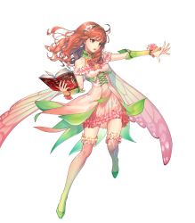 Rule 34 | 1girl, alternate costume, bare shoulders, book, bridal gauntlets, cape, celica (fire emblem), detached collar, dress, earrings, female focus, fire emblem, fire emblem echoes: shadows of valentia, fire emblem heroes, flower, frilled skirt, frills, full body, gradient clothes, green footwear, hair ornament, hairband, highres, holding, holding book, jewelry, kaekae, long hair, looking away, matching hair/eyes, nintendo, official alternate costume, official art, open book, open mouth, pink dress, red eyes, red hair, shoes, skirt, sleeveless, thighhighs, transparent background, zettai ryouiki