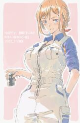 Rule 34 | 1girl, alice gear aegis, birthday, blue eyes, breast pocket, breasts, can, canned coffee, character name, dated, drink can, hair ribbon, happy birthday, highres, holding, holding can, jacket, large breasts, long hair, looking at viewer, orange hair, pants, pocket, red ribbon, ribbon, rita henschel, simple background, solo, suzumaru