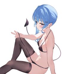 Rule 34 | 1girl, absurdres, bikini, bikini bottom aside, bikini bottom pull, black bikini, black thighhighs, blue eyes, blue hair, blush, breasts, cleavage, clothing aside, collarbone, commentary request, demon tail, earrings, fawny, full body, hair ornament, highres, hololive, hoshimachi suisei, jewelry, long hair, looking at viewer, navel, pussy, pussy peek, side ponytail, simple background, small breasts, smile, solo, stud earrings, swimsuit, tail, thighhighs, v, virtual youtuber, white background, x hair ornament