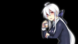 Rule 34 | 1girl, ahoge, alcohol, bottle, breasts, caffein, cup, drinking glass, glass, highres, long hair, looking at viewer, nail polish, ponytail, red eyes, silver hair, sitting, solo, tearing up, very long hair, vocaloid, whiskey, yowane haku