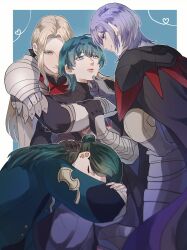 4boys armor black_cape blonde_hair blue_background blue_eyes border byleth_(fire_emblem) byleth_(male)_(fire_emblem) cape closed_mouth commentary_request eyelashes fire_emblem fire_emblem:_three_houses green_hair head_rest heart highres hug jeritza_von_hrym linhardt_von_hevring long_hair looking_at_another male_focus multiple_boys nintendo open_mouth outside_border purple_eyes purple_hair shoulder_armor smile uluchi_rice white_border yaoi yuri_leclerc