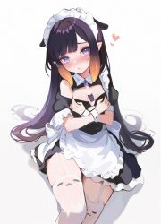 Rule 34 | 1girl, alternate costume, apron, between breasts, black dress, blunt bangs, blush, breasts, cleavage, dress, enmaided, frilled apron, frilled dress, frills, garter straps, gradient hair, heart, highres, hololive, hololive english, koahri, long hair, looking at viewer, maid, maid apron, maid headdress, multicolored hair, ninomae ina&#039;nis, orange hair, pointy ears, purple hair, short sleeves, sidelocks, simple background, sitting, small breasts, solo, takodachi (ninomae ina&#039;nis), tentacle hair, thighhighs, very long hair, virtual youtuber, waist apron, white apron, white background, white thighhighs
