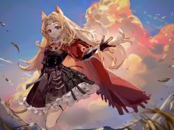 Rule 34 | 1girl, animal ears, archery shooting glove, archetto (arknights), arknights, black dress, black gloves, blonde hair, blue eyes, blue sky, cape, cloud, commentary, dress, feet out of frame, gloves, hand up, heterochromia, highres, kirrrara, lion ears, lion tail, long hair, looking at viewer, partially fingerless gloves, pouch, red cape, red eyes, sky, solo, standing, tail, thigh strap, tiara