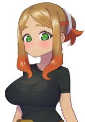 Rule 34 | 1girl, absurdres, black shirt, blonde hair, blush, breasts, closed mouth, commentary request, creatures (company), eyelashes, game freak, green eyes, hanayon, highres, large breasts, looking at viewer, multicolored hair, nintendo, orla (pokemon), parted bangs, pokemon, pokemon (anime), pokemon horizons, shirt, sidelocks, simple background, solo, t-shirt, white background