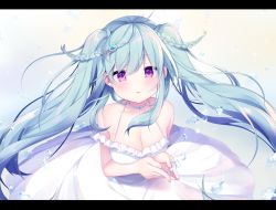 Rule 34 | 1girl, bare shoulders, blue hair, blush, breasts, choker, cleavage, collarbone, commentary, dress, floating hair, hair between eyes, hair ornament, letterboxed, long hair, medium breasts, original, own hands together, parted lips, purple eyes, shiika yuno, sleeveless, sleeveless dress, solo, twintails, very long hair, water drop, white choker, white dress
