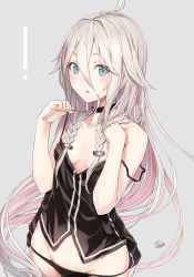 Rule 34 | !, 1girl, arms at sides, artist name, black neckwear, black panties, blue eyes, blush, breasts, bute (butegram), camisole, collarbone, commentary request, grey background, grey hair, hair between eyes, hair flaps, highres, ia (vocaloid), long hair, no pants, panties, parted lips, revision, signature, simple background, small breasts, solo, strap slip, underwear, upper body, very long hair, vocaloid
