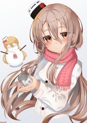 Rule 34 | 1girl, alternate costume, artist name, blush, brown eyes, brown hair, buttons, can, coat, fringe trim, hair between eyes, hat, highres, holding, holding can, kantai collection, long hair, long sleeves, mini hat, pola (kancolle), red scarf, sazamiso rx, scarf, smile, snowman, solo, wavy hair, white coat, white hat, zara (kancolle)