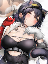Rule 34 | 1girl, absurdres, animal ears, arknights, asymmetrical gloves, black hair, black leotard, blush, breasts, bright pupils, cat, cat ears, cat girl, cat tail, cleavage, closed mouth, collarbone, commentary, cutout above navel, extra ears, gloves, goggles, goggles on head, highres, jewelry, large breasts, leotard, looking at viewer, lying, mismatched gloves, necklace, on back, ponytail, red gloves, rockrock (arknights), solo, tab head, tail, underbust, upper body, white gloves, white pupils, yellow eyes