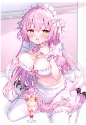 Rule 34 | 1girl, absurdres, apron, blush, breasts, cleavage, dress, finger to mouth, frilled apron, frills, hair ornament, hairclip, highres, large breasts, long hair, looking at viewer, maid, maid apron, maid headdress, navel, open mouth, original, parfait, pink hair, puffy sleeves, scan, shiono (0303), sitting, smile, strawberry parfait, suggestive fluid, thighhighs, waist apron, wariza, white apron, white thighhighs, wrist cuffs, yellow eyes