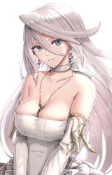Rule 34 | 1girl, bare shoulders, between breasts, breasts, choker, cleavage, collarbone, commentary, dress, earrings, elbow gloves, gloves, gonzarez, grey eyes, grin, hair between eyes, head tilt, highres, jewelry, kanan (the last story), large breasts, long hair, looking at viewer, parted lips, pendant, silver hair, simple background, smile, solo, strapless, strapless dress, the last story, upper body, very long hair, white background, white choker, white dress, white gloves
