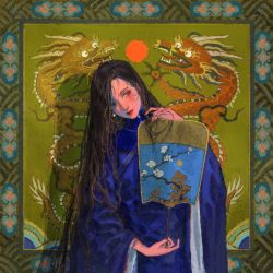 Rule 34 | 1other, androgynous, animal ears, blue eyes, blue robe, branch, changpao, chinese clothes, chinese commentary, closed mouth, day and night, dragon, eastern dragon, elyonlz, embroidery, flower, full moon, hair over eyes, hair strand, hand fan, hand up, head tilt, highres, holding, holding fan, light smile, lipstick, long hair, long sleeves, looking away, makeup, moon, nail polish, original, painting (object), red lips, red nails, red sun, robe, sideways glance, upper body, very long hair, white flower, wide sleeves