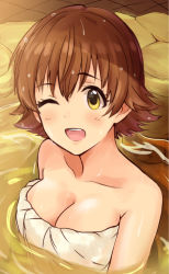 Rule 34 | 10s, 1girl, ;d, bad id, bad pixiv id, bare arms, bare shoulders, bath, bathing, blush, breasts, brown hair, cleavage, collarbone, female focus, happy, honda mio, idolmaster, idolmaster cinderella girls, keikesu, looking at viewer, naked towel, neck, one eye closed, onsen, open mouth, partially submerged, round teeth, short hair, smile, solo, submerged, teeth, towel, upper body, water, wet, wink, yellow eyes