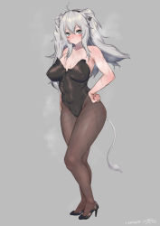Rule 34 | 1girl, absurdres, ahoge, animal ears, blush, breasts, ear piercing, fishnets, grey background, grey eyes, grey hair, hair between eyes, highres, hololive, large breasts, leotard, lion ears, lion girl, long hair, looking at viewer, midnight (midnightstream3), piercing, shishiro botan, simple background, solo, standing, steam, strapless, strapless leotard, sweat, tail, virtual youtuber