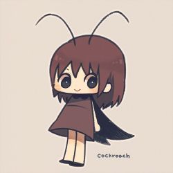 Rule 34 | 1girl, :&gt;, antennae, ayu (mog), black eyes, blush, brown background, brown hair, bug, cockroach, english text, full body, insect, original, personification, simple background, solo