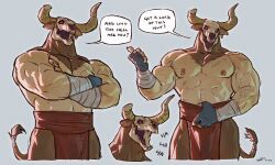 Rule 34 | 1boy, animal ears, bandaged arm, bandages, bara, black gloves, broken horn, cow ears, cow horns, crossed arms, earrings, english text, fingerless gloves, gloves, grey background, highres, horns, jewelry, large pectorals, laughing, male focus, minotaur, minotaur (the legend of pipi), muscular, muscular male, nipple piercing, pectorals, piercing, pointing, simple background, skull, taran fiddler, the legend of pipi
