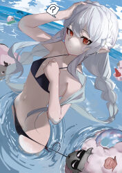 Rule 34 | 1girl, absurdres, ao oni (onioni-aoi), arknights, bikini, black bikini, breasts, flower, grey hair, hair flower, hair ornament, highres, long hair, looking at viewer, navel, ocean, official alternate costume, pointy ears, red eyes, sheep, small breasts, stomach, sunglasses, surfboard, surfing, swimsuit, traffic cone, warfarin (arknights), warfarin (casual vacation) (arknights), white flower